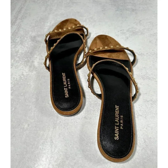 YSL Kiki Brown Suede Gold Studded Sandal Size 10 - Picture 3 of 5
